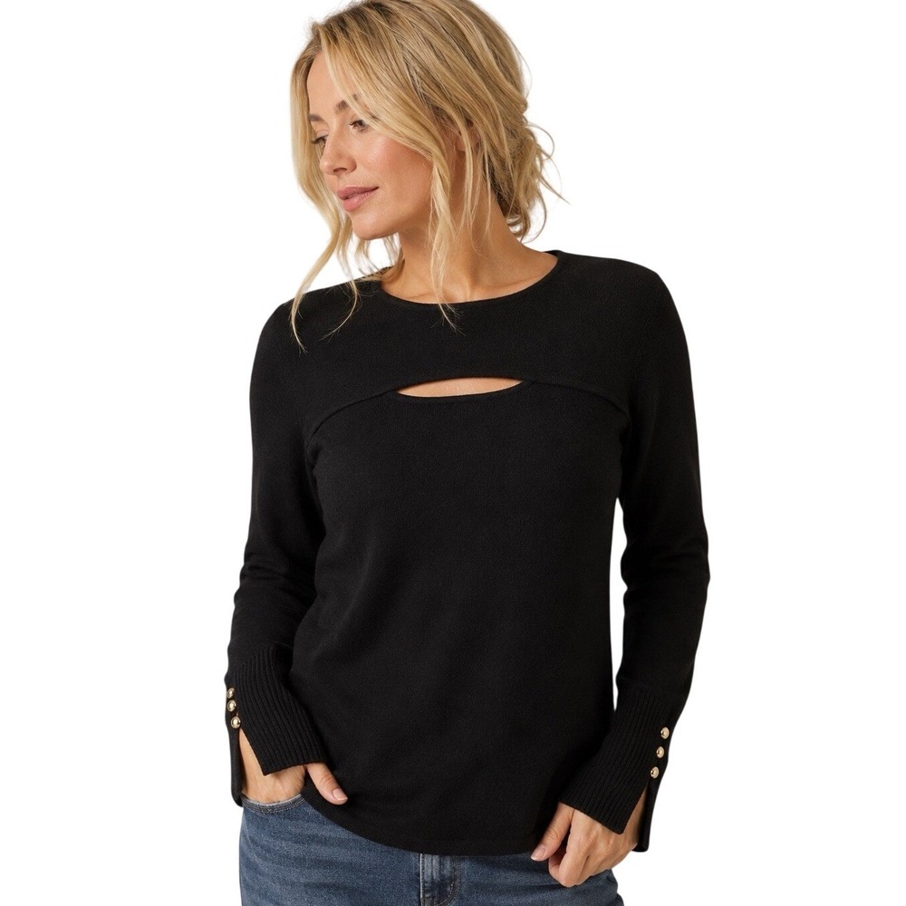 Peck & Peck Luxury 100% Cashmere Sweater Black Cutout Detail Soft Knit